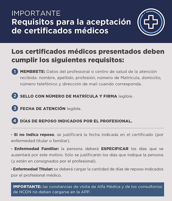 Los certificados médicos presentados deben cumplir los siguientes requisitos:     MEMBRETE: Datos del profesional o centro de salud de la atención recibida: nombre, apellido, profesión, número de Matrícula, domicilio, número telefónico y dirección de mail cuando corresponda. SELLO CON NÚMERO DE MATRÍCULA Y FIRMA legible. FECHA DE ATENCIÓN legible.  DÍAS DE REPOSO INDICADOS POR EL PROFESIONAL.   · Si no indica reposo, se justificará la fecha indicada en el certificado (por enfermedad titular o familiar). · Enfermedad Familiar: la persona deberá ESPECIFICAR los días que se ausentará por este motivo. Sólo se justificarán los días que indique la persona (y estén en consignados por el profesional). · Enfermedad Titular: se deberá cargar la cantidad de días de reposo indicados por el profesional médico.   Destacado en recuadro celeste: IMPORTANTE: las constancias de visita de Alfa Médica y de los consultorios de HCDN no deben cargarse en la APP.