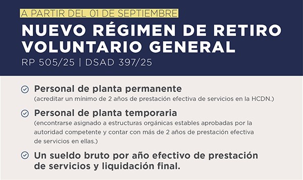 A partir del 01 de septiembre NUEVO RÉGIMEN DE RETIRO VOLUNTARIO GENERAL RP 505/25 | DSAD 397/25   Items sobre fondo gris claro y letras negras: Personal de planta permanente (acreditar un mínimo de 2 años de prestación efectiva de servicios en la HCDN.) Personal de planta temporaria (encontrarse asignado a estructuras orgánicas estables aprobadas por la autoridad competente y contar con más de 2 años de prestación efectiva de servicios en ellas.) Un sueldo bruto por año efectivo de prestación de servicios y liquidación final.   