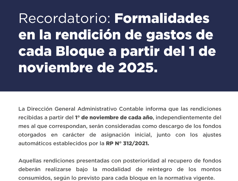 Recordatorio: Formalidades en la rendición de gastos de cada Bloque a partir del 1 de noviembre de 2025. La Dirección General Administrativo Contable informa que las rendiciones recibidas a partir del 1º de noviembre de cada año, independientemente del mes al que correspondan, serán consideradas como descargo de los fondos otorgados en carácter de asignación inicial, junto con los ajustes automáticos establecidos por la RP N° 312/2021. Aquellas rendiciones presentadas con posterioridad al recupero de fondos deberán realizarse bajo la modalidad de reintegro de los montos consumidos, según lo previsto para cada bloque en la normativa vigente.